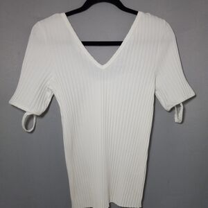 Helmut Lang White Polo Ribbed V-Neck Tee Mid Sleeve Women Top Blouse Size M